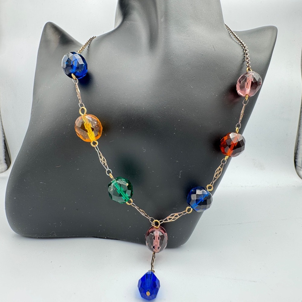 Rachel‎ Multicolor Faceted Glass Bead Station Drop Necklace Gold Tone 18 Inch
